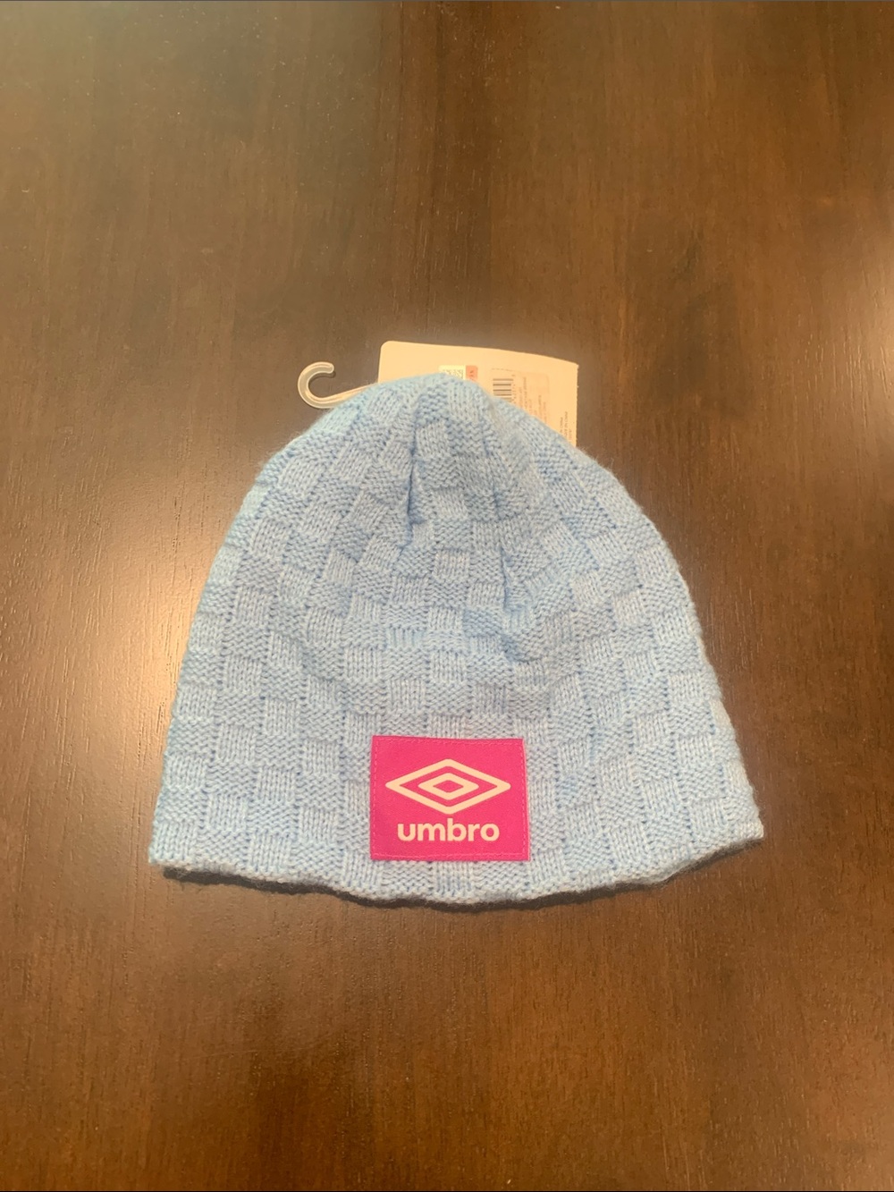 Umbro Kids Sky Blue Knit Beanie with Pink Logo Patch